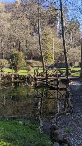 a wooden bridge over a pond in a park at Agroturystyka SPA in Zelków