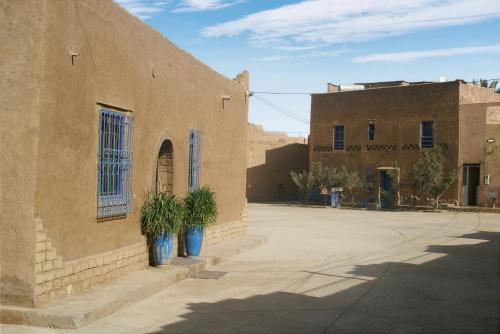 a building with two potted plants next to a street at Casa Mona in Merzouga