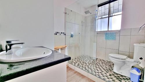 uma casa de banho com um lavatório, um WC e um chuveiro em Summerhill Self-Catering Holiday Accommodation em Plettenberg Bay