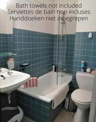 a bathroom with a tub and a toilet and a sink at Le 7ème Ciel Westende in Middelkerke