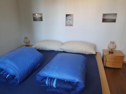 a bed with two blue pillows on top of it at Traditional Swiss-Flat in Interlaken