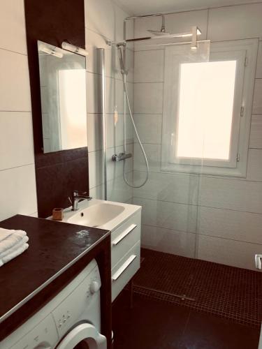 une salle de bain avec un lavabo, une douche et un miroir dans l'établissement Lapartchallandais, à Challans