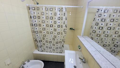 y baño con ducha, aseo y lavamanos. en Departamento Alpatacal en Mendoza