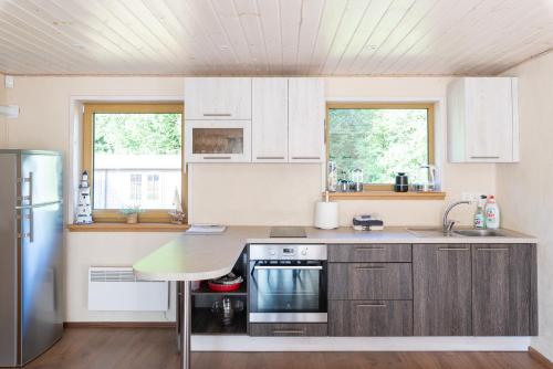 a kitchen with wooden cabinets and a counter top at Vergi puhkemajad in Vergi