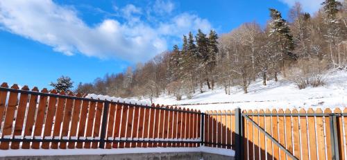 a wooden fence with snow on a snowy hill at Villa Bayern in Bakuriani in Bakuriani