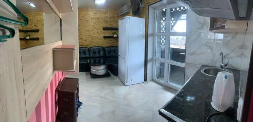 uma cozinha com um lavatório e um frigorífico em Na Bukovinskoy Guest House em Kharkov