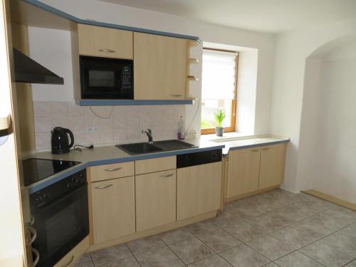 a kitchen with a sink and a microwave at Doppelzimmer Dresden - Wilschdorf Monteurunterkunft in Dresden