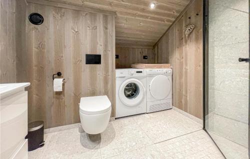 a bathroom with a washing machine and a toilet at Amazing Home In seral With Wifi And 3 Bedrooms in Åseral