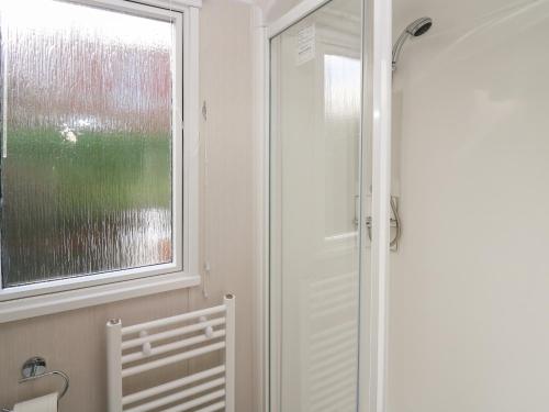 a shower with a glass door in a bathroom at Gwent 74 in Borth