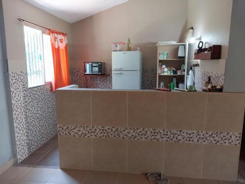 a kitchen with a counter and a refrigerator at BRISAS DEL RIO in Santiago del Estero