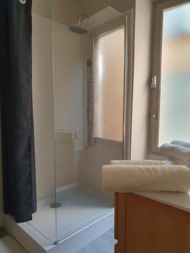 une douche avec une porte vitrée dans une salle de bain dans l'établissement À l'époque, à Sarlat-la-Canéda