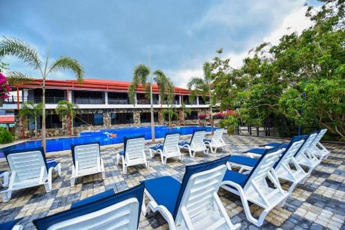 a row of white chairs next to a swimming pool at Centauria Wild in Udawalawe