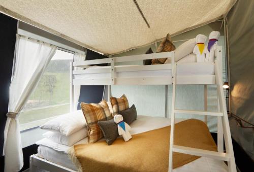 sypialnia z łóżkiem piętrowym w pokoju z oknem w obiekcie Salmon w mieście Nantmel
