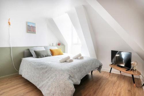 - une chambre avec un lit et une télévision sur une table dans l'établissement La Canopée - joli studio en hypercentre de Rennes, à Rennes