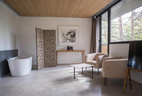 a living room with a bath tub and a table at BOX ART ALPINO in Navacerrada