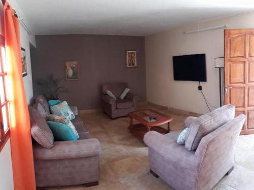 sala de estar con 2 sillas y TV de pantalla plana en Del Sol 243 en Salta