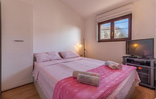 a bedroom with a bed with a pink bedspread and a tv at 1 Bedroom Cozy Apartment In Liznjan in Ližnjan