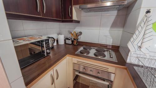 een kleine keuken met een fornuis en een magnetron bij Departamento Temuco Centro in Temuco