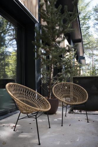 two wicker chairs sitting in front of a building at BOX ART ALPINO in Navacerrada