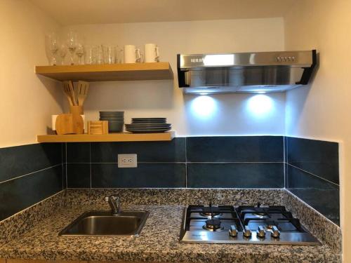 a kitchen counter with a stove and a sink at Apartamento en Playa Dorada, Green One in San Felipe de Puerto Plata