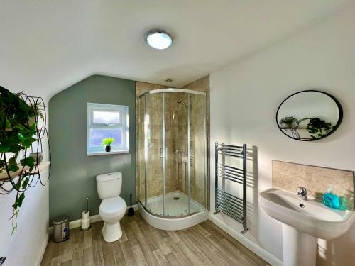 a bathroom with a shower and a toilet and a sink at Curzon House Two - Serene Escape Cottage in Cleethorpes