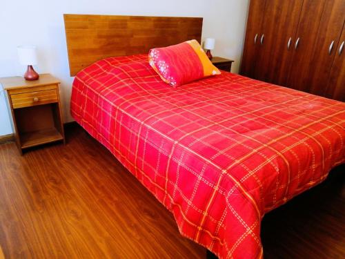 uma cama vermelha com um cobertor xadrez vermelho num quarto em Hostel Casa Descanso Natural em Panimávida