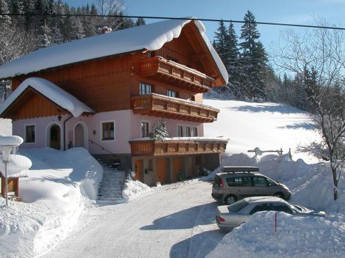 ein Haus mit einem im Schnee geparkten Auto in der Unterkunft Urlaub am Bauernhof bei Familie Steinbrecher in Bad Mitterndorf