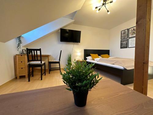 a living room with a bed and a dining room at Gemütliche, charmante Ferienwohnung Nähe Zentrum in Plauen