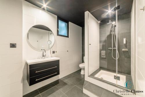 a bathroom with a shower and a sink and a mirror at Hotel Restaurant au Floridor in Thann