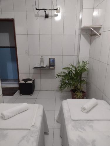 薩爾瓦多的住宿－Pousada Trilha do Pelo，一间白色的房间,配有两张床和植物