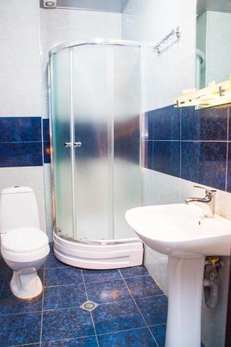 a bathroom with a shower and a toilet and a sink at Flamingo Hotel in Tbilisi City