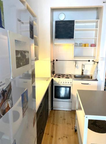 a small kitchen with a stove and a sink at Bohemian studio in Etu-Töölö in Helsinki