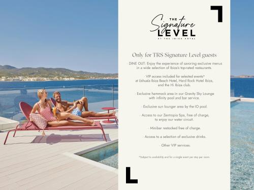 een flyer voor een resort met twee vrouwen op het zwembad bij The Signature Level at TRS Ibiza Hotel All Inclusive Adults Only in San Antonio