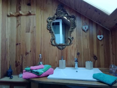 uma casa de banho com um lavatório e um espelho numa parede de madeira em La Grange em Le Noyer