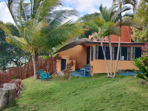 a house with palm trees in front of it at Agave-Blue in Bacalar