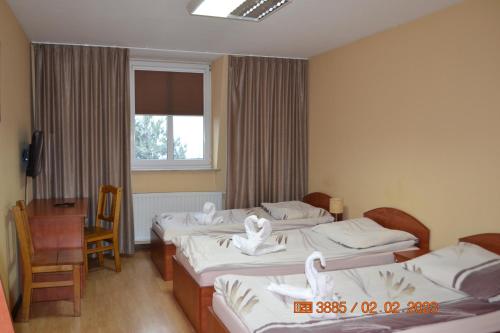 Una habitación de hotel con tres camas con cisnes. en Hotel i Restauracja Jaskolka, en Alojzów