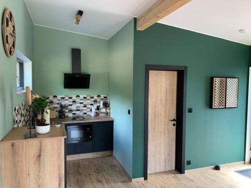 a kitchen with green walls and a wooden door at Le cabanon in Houffalize