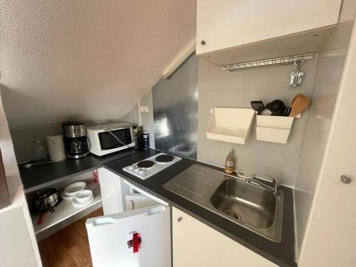 małą kuchnię ze zlewem i kuchenką mikrofalową w obiekcie Appartement T2 w mieście Luchon
