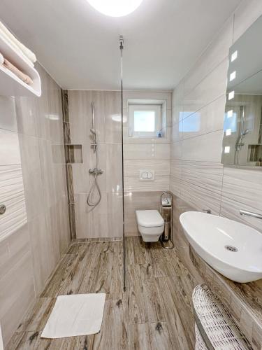 a bathroom with a sink and a toilet and a shower at Apartments Sole in Podčetrtek