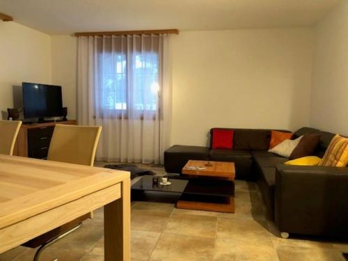 ein Wohnzimmer mit einem Sofa und einem TV in der Unterkunft Komfortabel, Perfekte Lage, neue Wohnung, gratis P in Lauterbrunnen