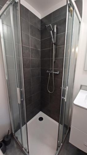 a shower with a glass enclosure in a bathroom at Agréable T2 près des plages avec parking in Arcangues
