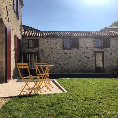 deux chaises et une table devant un bâtiment dans l'établissement LA CHARMILLE Gîte et Chambre d'hôtes, à La Copechagnière