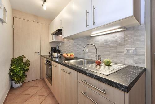 a kitchen with a sink and a counter top at Apartments Schönblick in Mühlbach