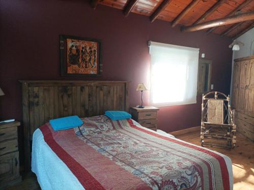 1 dormitorio con 1 cama grande en una habitación con ventana en Las Nenas. Un paraíso en el bosque en Balneario Mar Azul