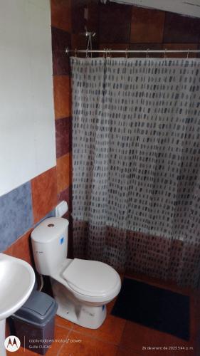 a bathroom with a toilet and a shower at Cucao Chiloe in Chonchi