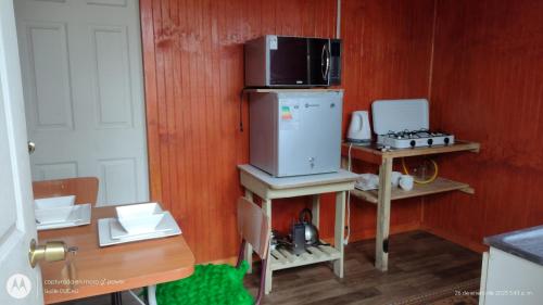 a small kitchen with a refrigerator and a stove at Cucao Chiloe in Chonchi