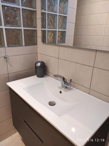 Łazienka z białą umywalką i oknami w obiekcie Er Mervent Maison de vacances w mieście Plobannalec-Lesconil