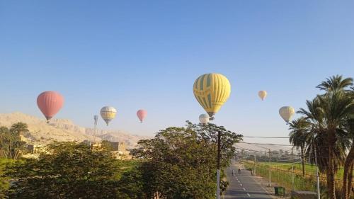 a group of hot air balloons flying in the sky at Habou City Apartment in Luxor