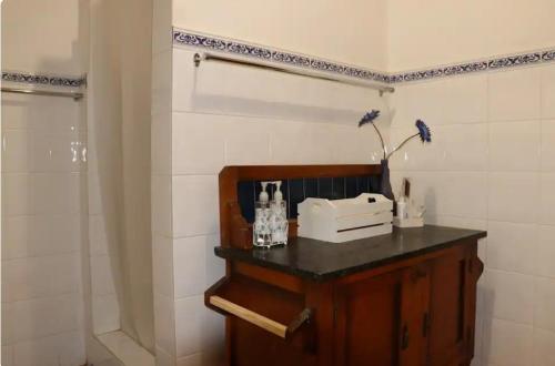 a bathroom with a counter with a toaster on it at Vredelus Farm Stay in De Rust