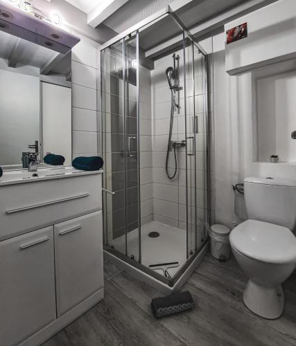 a bathroom with a shower and a toilet and a sink at Yellow Studio - Poitiers Coeur de ville in Poitiers